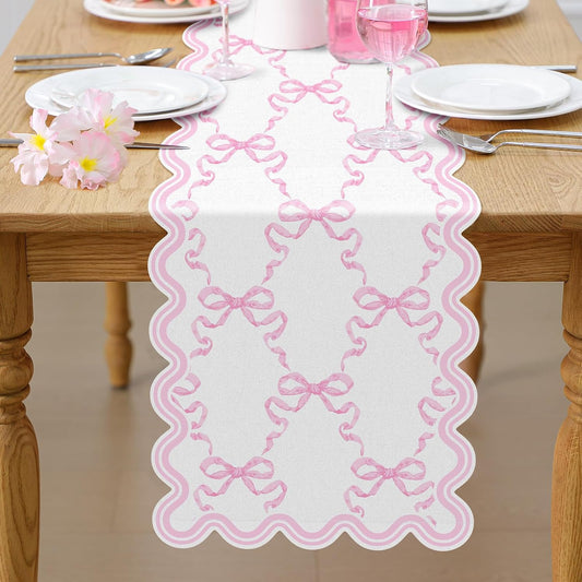 Pink Bow Table Runner 72 Inches Cute Heart Linen Fabric Scalloped Table Runner Coquette Dining Decor for Birthday Baby Shower Party School Home Decor(Bow C)
