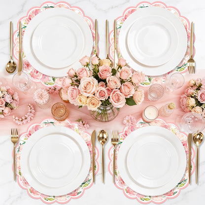 50 Pack Paper Placemats Disposable Pink Rose Floral Wedding Disposable Placemats Round Place Mats Spring Summer Table Mats for Birthday Wedding Anniversary Bride Party Supplies 13.7 Inch