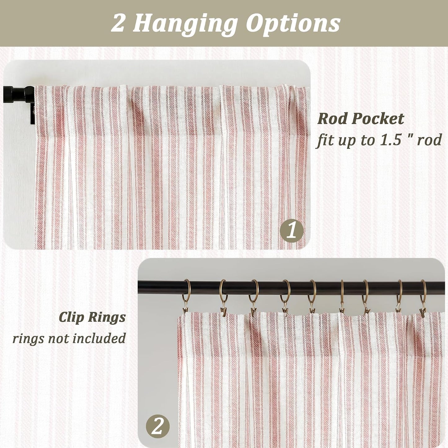 Chyhomenyc Pink Stripe Window Valances - Light Filtering Faux Linen Short Tier Valance Curtains, Rod Pocket Boho Striped Topper Farmhouse Valance for Living Room Bathroom, 52Wx18L, 2 Pieces
