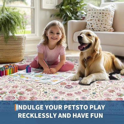 Garvee Washable Floral 9x12 Area Rugs for Living Room, Indoor Farmhouse Non Slip Girls Bedroom Rug, Ultra Soft Thin Large Carpet for Nursery Playroom, Stain Resistant Dining Room Rugs, Beige Pink