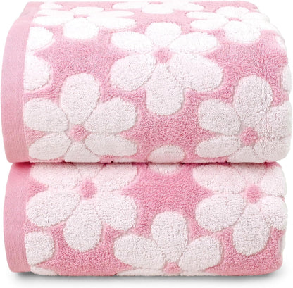 Jacquotha Pink Bath Towels Set of 2, Super Absorbent & Decorative 27.5x55 Inches, Cute Floral Jacquard Shower Towel for Bathroom Decor, Beach, Cotton