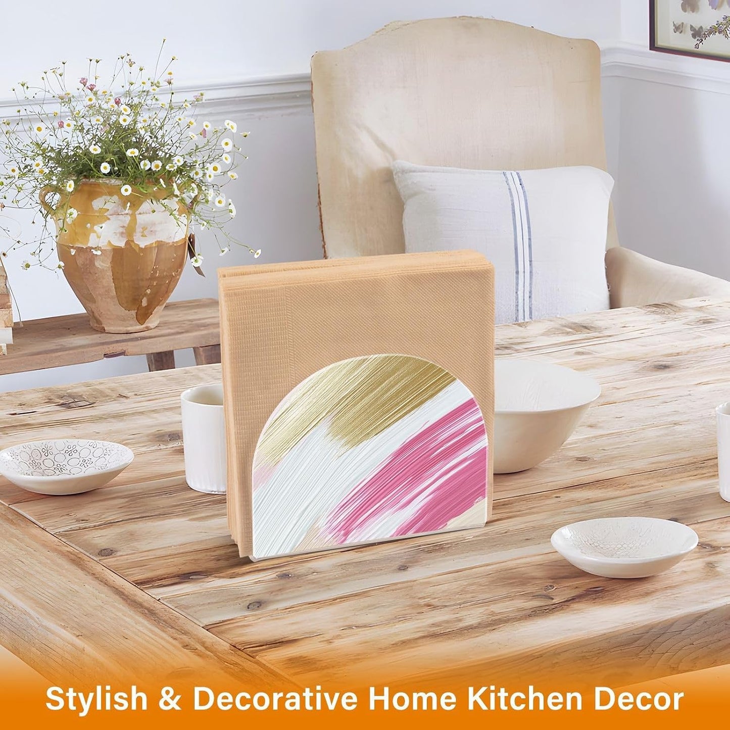 Pink Gold Brush Strokes Napkin Holder for Tables, Kitchen Acrylic Paper Napkin Holders Freestanding Tissue Dispenser Paper for Indoor Outdoor Decor