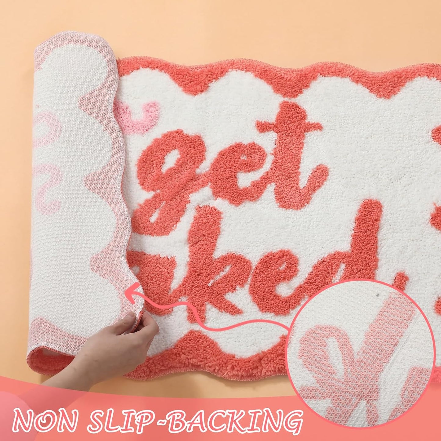Boao Get Naked Bath Mat Coral Pink Bow Scalloped Bathroom Rug 20 x 32 Inch Soft Absorbent Non Slip Microfiber Rug Cute Aesthetic Preppy Bathroom Decor for Tub Floor Carpet Sink Shower