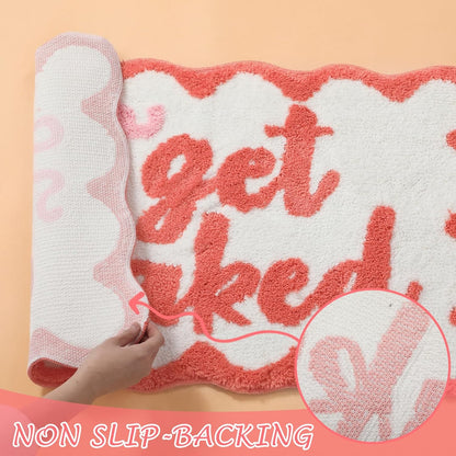 Boao Get Naked Bath Mat Coral Pink Bow Scalloped Bathroom Rug 20 x 32 Inch Soft Absorbent Non Slip Microfiber Rug Cute Aesthetic Preppy Bathroom Decor for Tub Floor Carpet Sink Shower