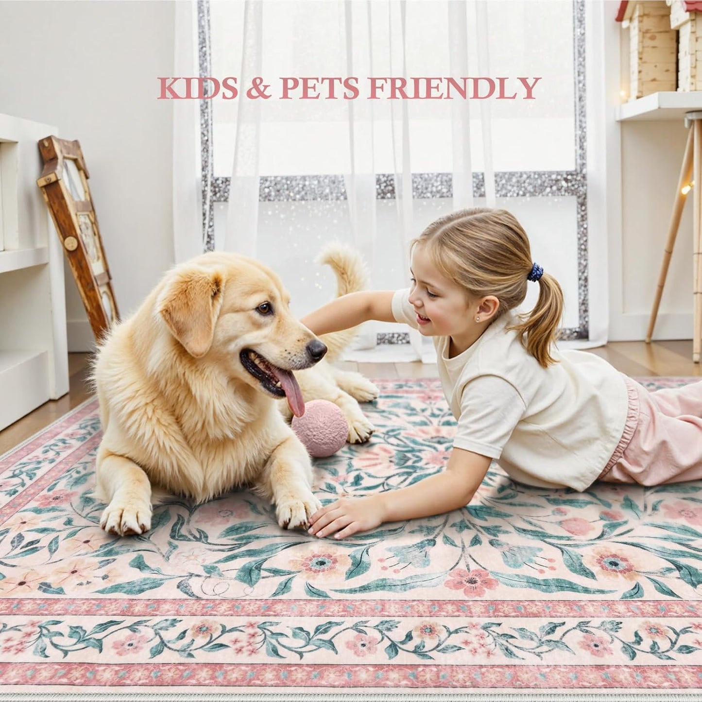 Collive Pink 5x7 Floral Area Rug, Machine Washable Rug for Bedroom Girls, Boho Non Slip Soft Ultra Thin Throw Indoor Rugs for Living Room Nursery Kids Playroom Dining Dorm