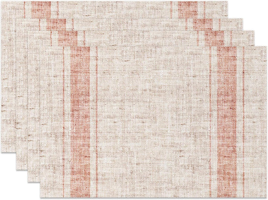 Modern Minimalist Line Decorative Placemats Set of 4 Heat-Resistant Non-Slip Kitchen Table Mats Khaki Woven Rectangle Placemats for Dining Table 18"x12" Washable, Pink Stripe