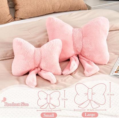 XVTRU Pink Bow Pillow, Soft Bow Decorative Pillows with Faux Rabbit Fur, Cute 12" Bow Throw Pillows, Aesthetic Home Decor Bow Shaped Plush Pillow for Bedroom Sofa Couch