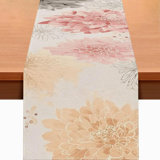 HOMETITUTE Spring Table Runner 13x72 Inch Burlap Farmhouse Table Decor with Pink Peach Gray Watercolor Floral Pattern Rustic Burlap Table Runner for Dining Kitchen Home