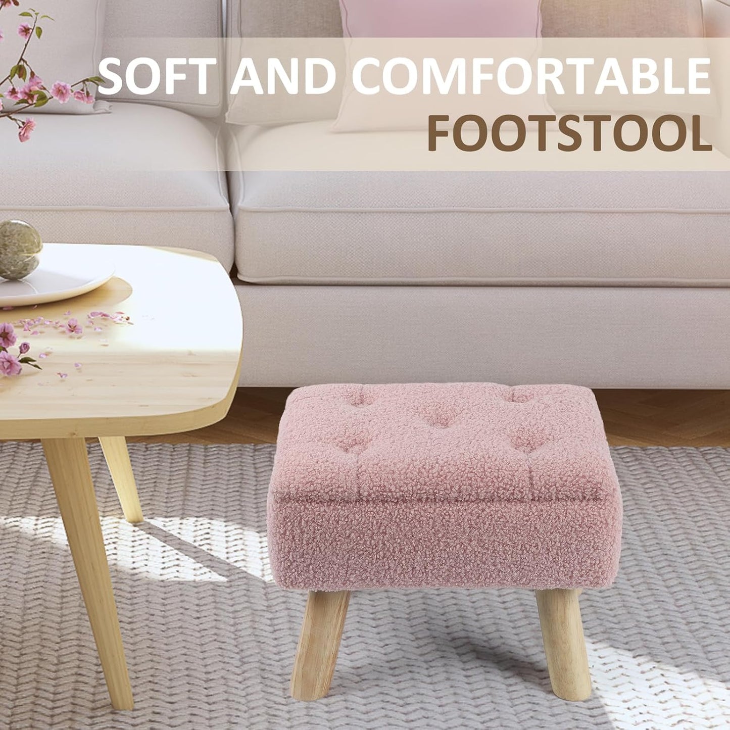 OGEMXU Storage Ottoman, Small Foot Stool Ottoman with Storage, Boucle Teddy Velvet Foot Rest with Padded Seat, Sturdy Wood Legs Stool for Living Room, Bedroom, Couch, Enterway (Pink)