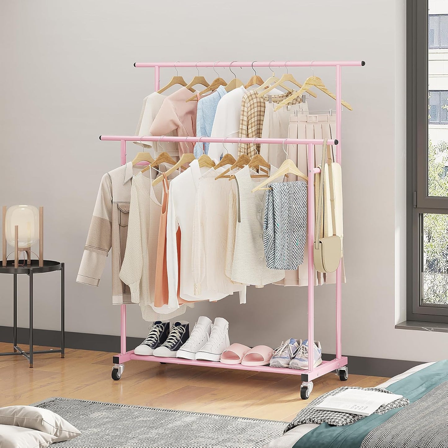 Calmootey Double Rod Clothing Garment Rack,Rolling Hanging Clothes Rack,Portable Clothes Organizer for Bedroom,Living Room,Clothing Store,Pink