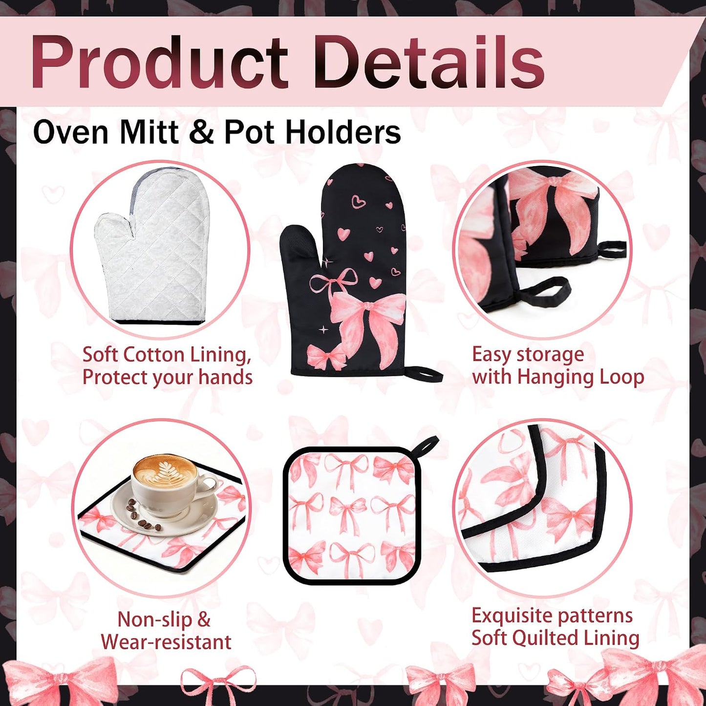 8 Pcs Cute Pink Bow Kitchen Towels and Dishcloths Sets Oven Mitts Pot Holders Set Mother's Day Absorbent Decor Accessories Gloves Potholders Heat Resistant for Chef Baking Cooking Home Gifts
