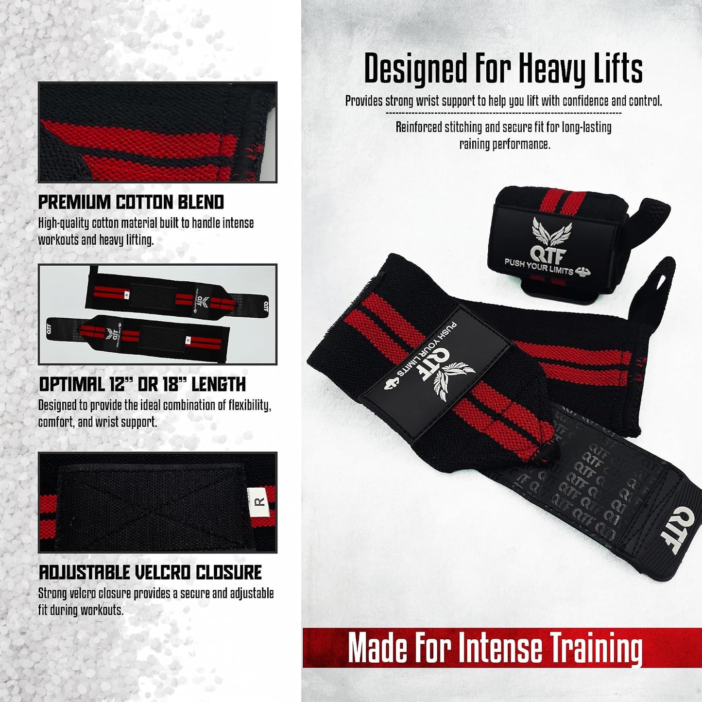 QTF Wrist Wraps for Weightlifting,Powerlifting,12"Heavy-Duty Wrist Support with Thumb Loop. Perfect for Strength Training, Bodybuilding, Dumbbell Lifting, and Wrist support. Includes a free Shark Pad