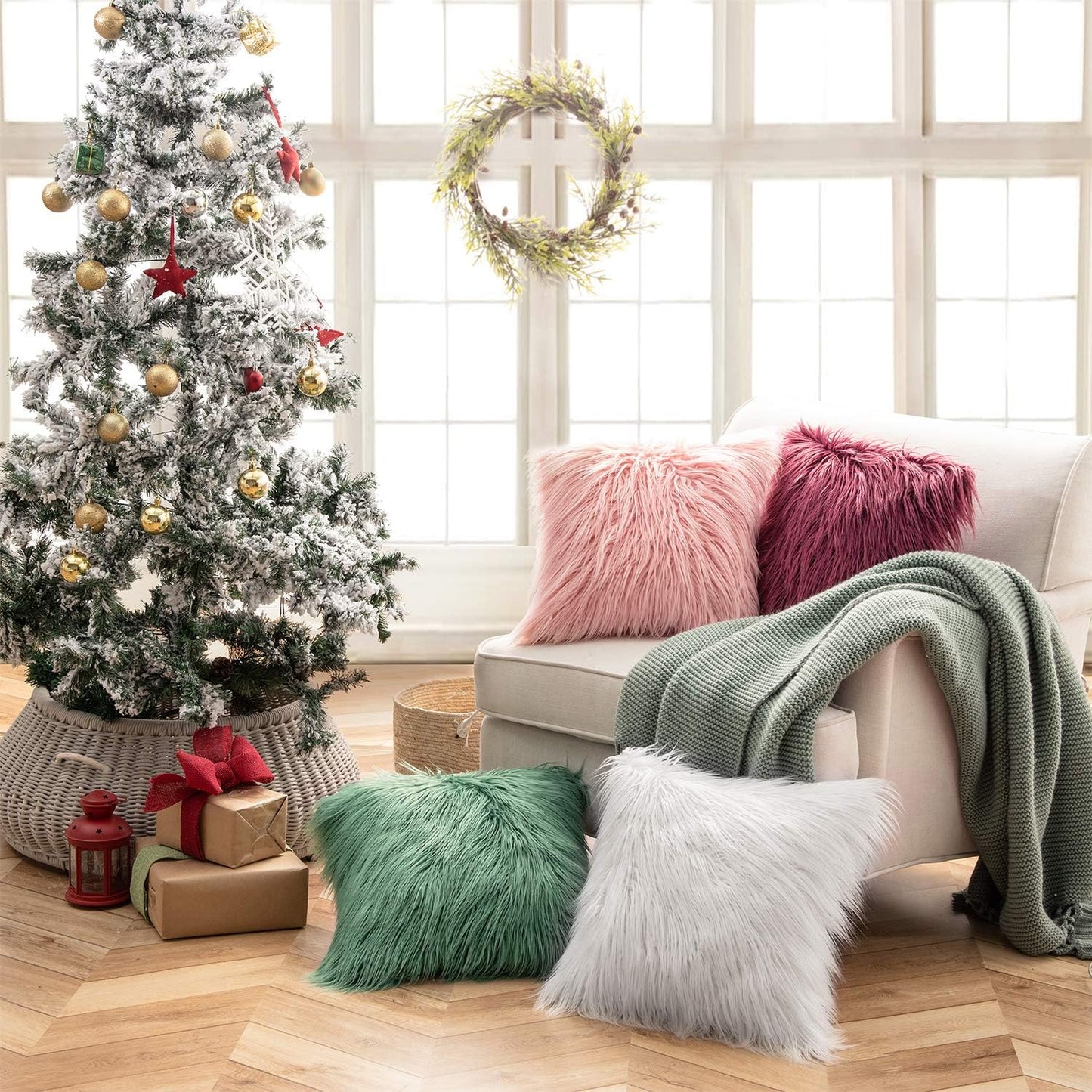 Phantoscope Faux Fur Solid Decorative Pillow Cover Fluffy Throw Pillow Mongolian Luxury Fuzzy Pillow Case Cushion Cover for Bedroom and Couch, Pink 22 x 22 Inches, Pack of 1