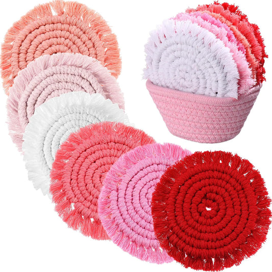 Coasters Set of 6 for Drinks Boho Absorbent Woven Cotton Coaster with Holder Farmhouse Tassel Macrame Cup Mat Housewarming Gift for Coffee Table Home Kitchen Office Decoration, 4 in(Pink)