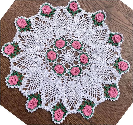 Handmade Crochet Floral Table Overlays Farmhouse Round Tablecloths for Wedding 18 inch Pink Rose Flower(Pink)