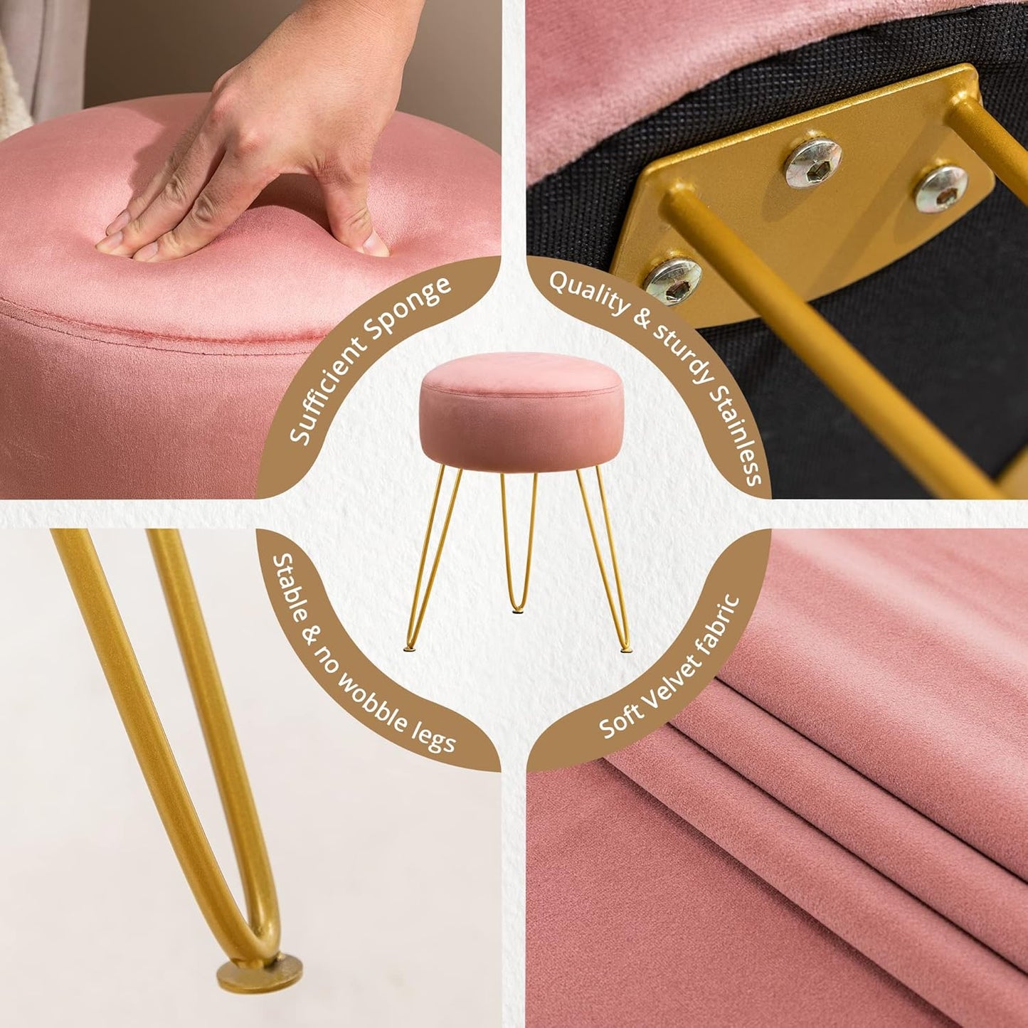 LUE BONA Vanity Stool, Pink Vanity Stools for Makeup Room, Round Ottoman Foot Stool, Velvet Footrest Vanity Chair for Bathroom Vanity, Bedroom, Living Room, Entryway, Offices, 300lbs