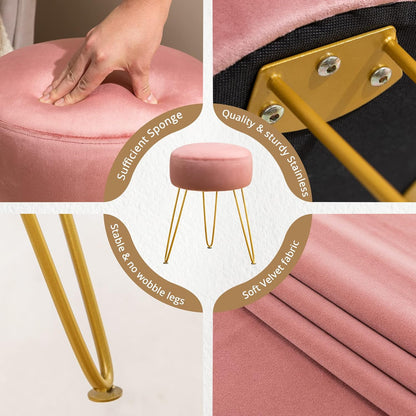 LUE BONA Vanity Stool, Pink Vanity Stools for Makeup Room, Round Ottoman Foot Stool, Velvet Footrest Vanity Chair for Bathroom Vanity, Bedroom, Living Room, Entryway, Offices, 300lbs