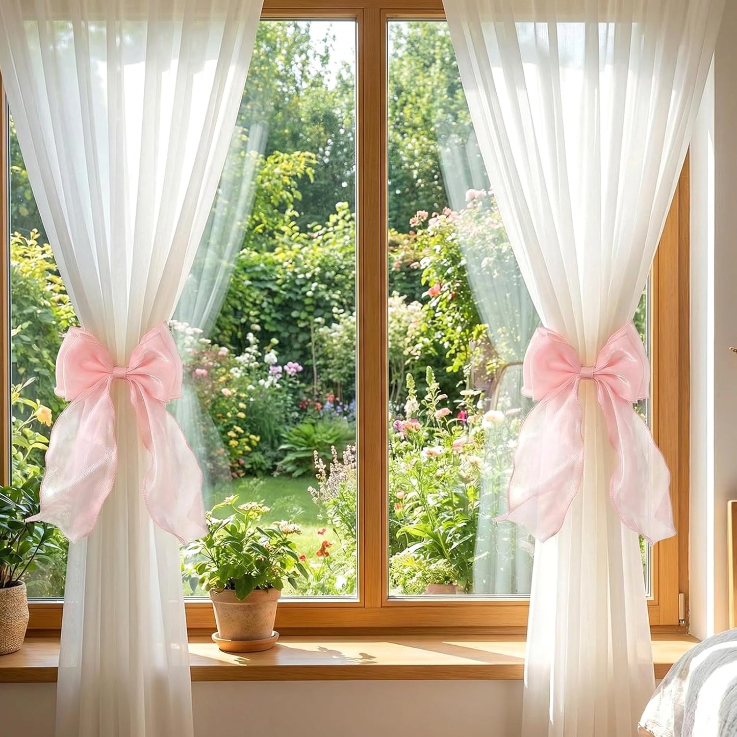 Thinp 2 Pieces Bow Curtain Tiebacks, French Bowknot Curtain Holdbacks Silky Curtains Strap Lace Ribbon for Home Bedroom Office Dining Rooms Curtains Decorative (Pink)