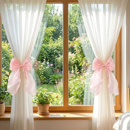 Thinp 2 Pieces Bow Curtain Tiebacks, French Bowknot Curtain Holdbacks Silky Curtains Strap Lace Ribbon for Home Bedroom Office Dining Rooms Curtains Decorative (Pink)