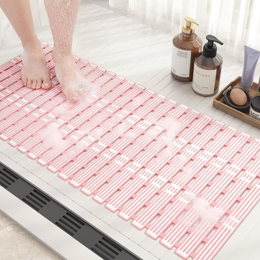Color&Geometry Shower Mat 16"x27", Bathtub Mat Non Slip with Suction Cups, Bath Matts for Shower Floor/Inside Shower, Quick Dry, Easy Clean, Cut to Size Bath Tub Mat, Light Pink and White