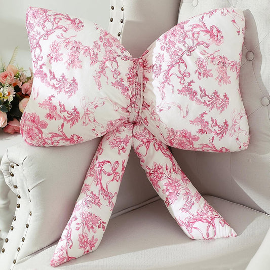 Colingmill Bow Shaped Throw Pillow 24 Inch Large Pink and White Chinoiserie Floral Pillow Decorative Coquette Fancy Decor for Sofa Bed Couch Living Room
