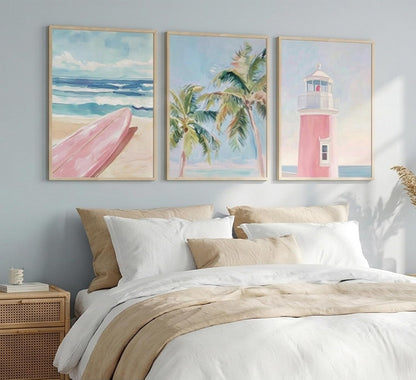 Jamortty Coastal Beach Wall Art Preppy Room Decor, Pastel Pink Surfboard Palm Tree Lighthouse Aesthetic Posters for Teen Girl Bedroom Bathroom, Unframed Prints Set of 3 (16x24 Inch)