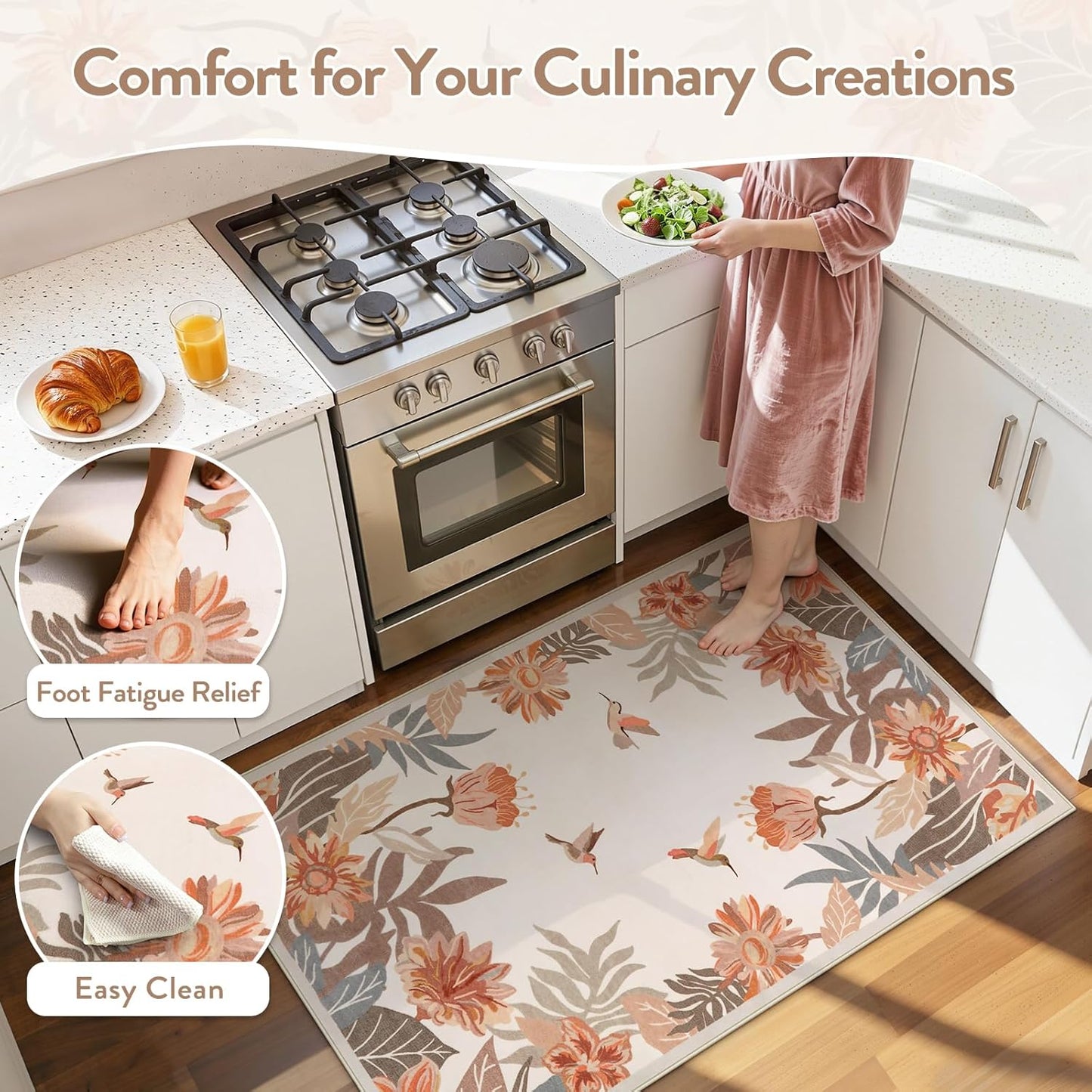 Beeiva Floral 3x5 Area Rug for Entryway - Washable Pink Boho Bedroom Rug, Stain Resistan Border Flower Print Small Throw Rugs Carpet for Living Room Kitchen Home Aesthetic Décor(Beige,3'x 5')