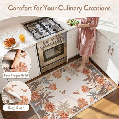 Beeiva Floral 3x5 Area Rug for Entryway - Washable Pink Boho Bedroom Rug, Stain Resistan Border Flower Print Small Throw Rugs Carpet for Living Room Kitchen Home Aesthetic Décor(Beige,3'x 5')