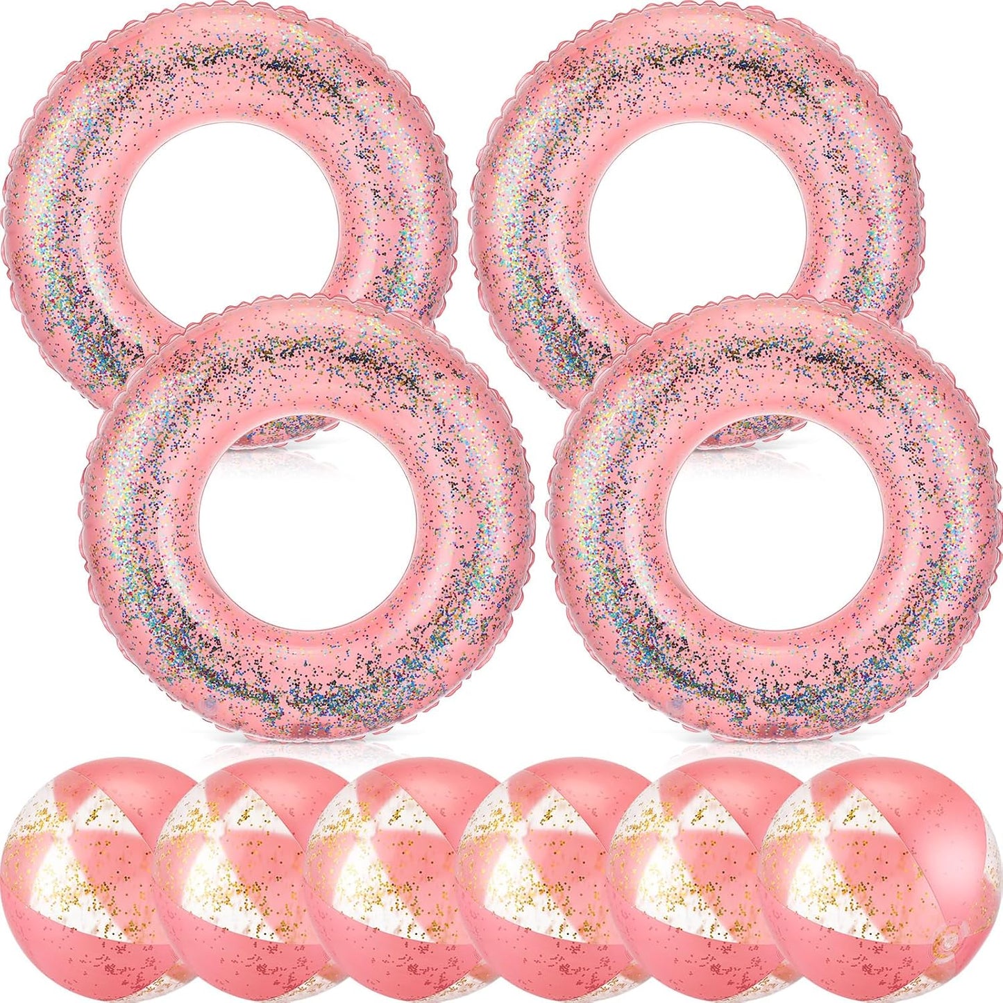 10 Pcs Pink Inflatable Pool Floats Tube Beach Balls Set Glitter Swim Rings Bachelorette Party Pools Floats Confetti Pool Ball for Adult Summer Favors (Air Pump Not Included)