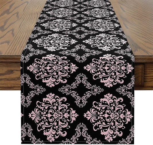 Feelyou Pink Vintage Damask Table Runner,13 x 48 Inch Bohemia Boho Floral Dresser Scarfs European Pattern Baroque Style Dresser Runners Table Decor for Home Party