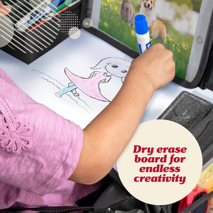 Lusso Gear Travel Car Seat Tray - Dry Erase Board & Secure Tablet Holder for Toddler Travel - Durable 600D Oxford Cloth with Snack & Toy Compartments for Road Trip Essentials for Kids - Pink Unicorn