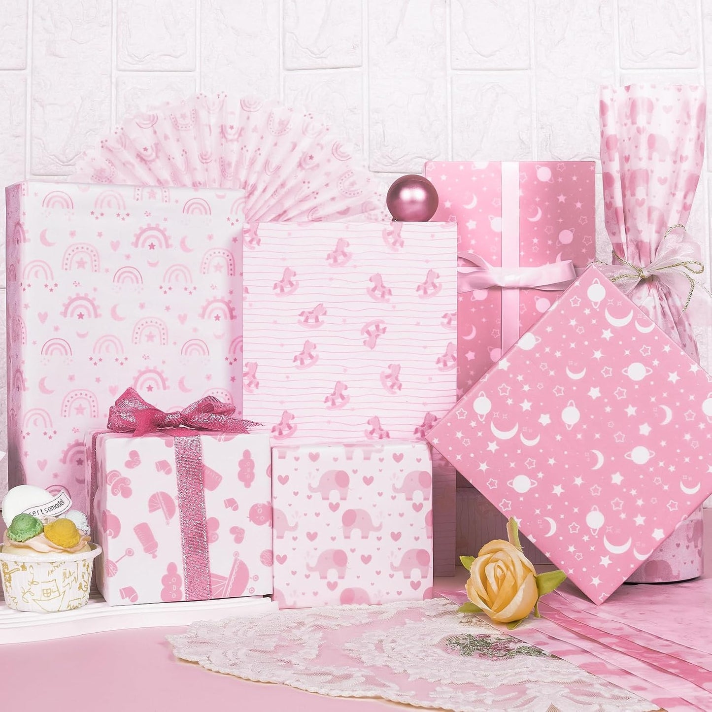 Larcenciel Tissue Paper, 50 Sheets Elephant Pink Tissue Paper for Gift Bags Gift Wrapping, Cute Baby Girl Design Art Gift Wrap for Baby Shower, Birthday, Anniversary, Craft, 19.7x13.8inch
