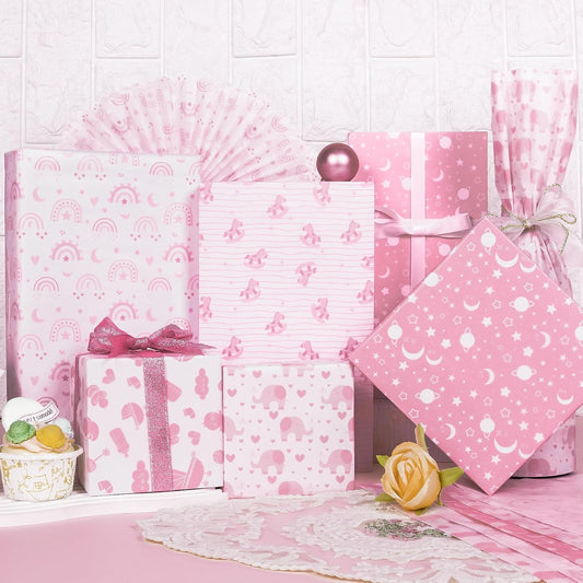 Larcenciel Tissue Paper, 50 Sheets Elephant Pink Tissue Paper for Gift Bags Gift Wrapping, Cute Baby Girl Design Art Gift Wrap for Baby Shower, Birthday, Anniversary, Craft, 19.7x13.8inch
