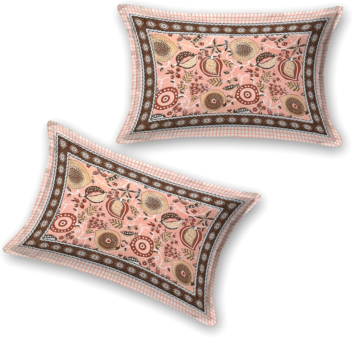 India 100% Pure Cotton Jaipuri Printed Double Bedsheet with 2 Pillow Covers | Traditional Sanganeri Floral Design | Soft Breathable Fabric | King Size Bedsheet (Peach Pink & Brown)