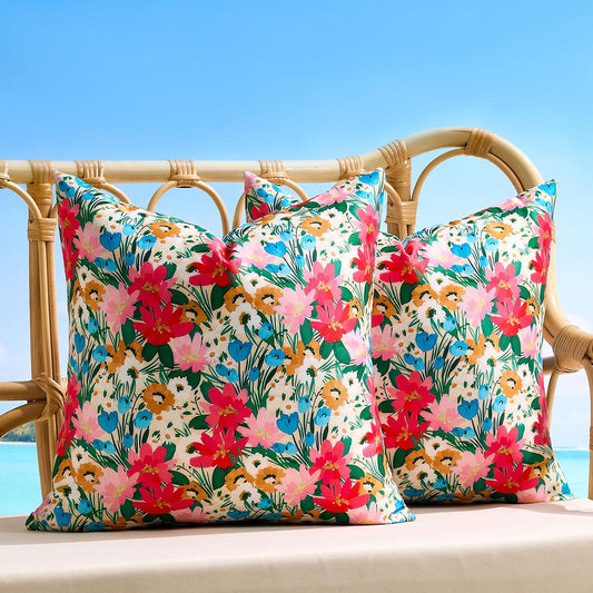 Outdoor Waterproof Pillow Covers Colorful Floral Patio Throw Pillow Covers 16x16 Inch Set of 2 Pink Blue Flowers Green Leaves Decorative Cushion Covers for Home Couch Sofa Porch Decor