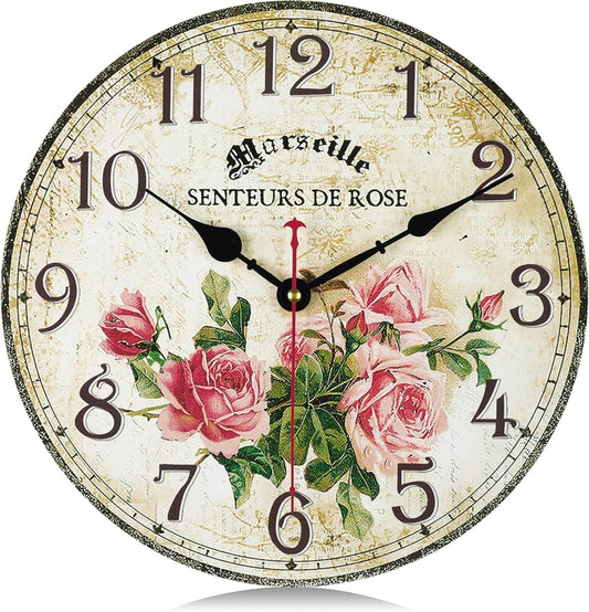 Lafocuse 12 Inch Silent Wooden Rustic Pink Rose Wall Clocks for Living Room Decor, Vintage French Floral Wall Clocks Battery Operated for Kitchen Bedroom