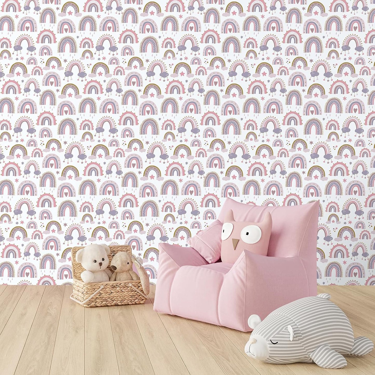 CHIHUT 17.7"x100" Pastel Rainbow Wallpaper Soft Pink Purple Blue Wall Mural with Clouds Stars Pattern Wallpaper Peel and Stick Rainbow Contact Paper for Kids Room Nursery Playroom Wall Décor