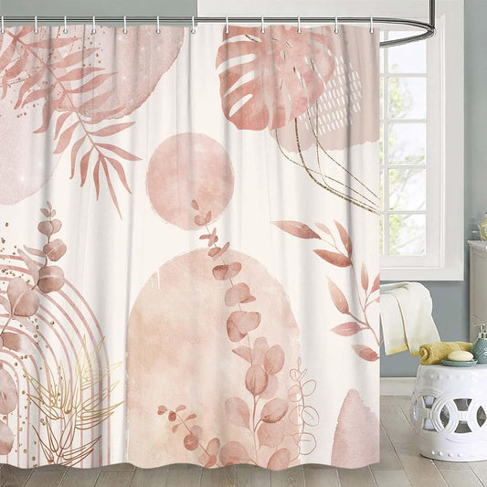 Pink Boho Shower Curtain, Abstract Bohemian Mid Century Modern Tropical Palm Leaves Shower Curtain Set, Gold Geometric Plant Minimalist Polyester Bathroom Decor Bath Curtains with Hooks,36X72