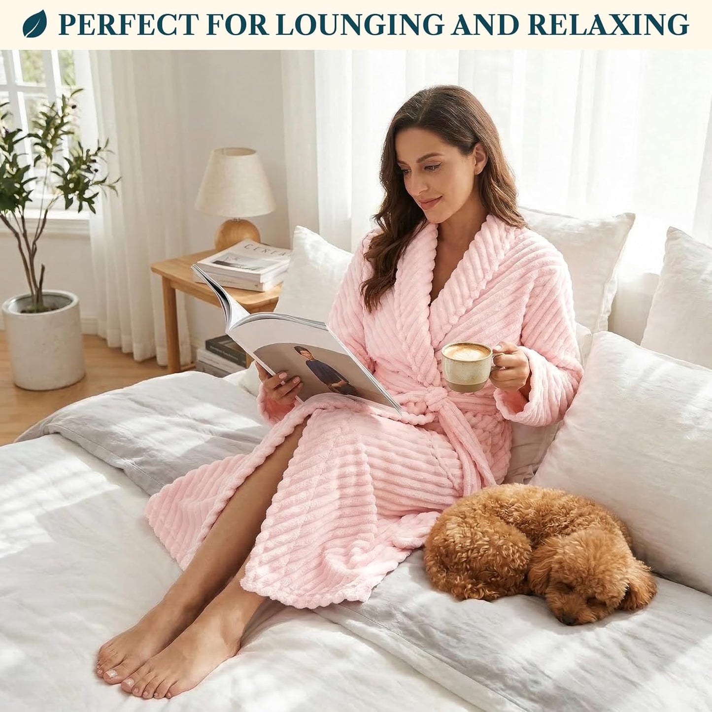 PAVILIA Womens Plush Fleece Robe, Super Soft Long Bathrobe with Pockets, Cozy Lightweight Ribbed House Robe for Spa Lounging