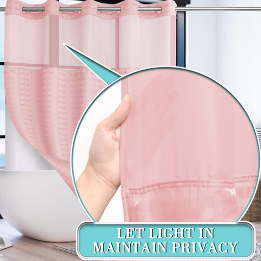 Conbo Mio No Hook Shower Curtain with Snap in Liner Set, Hotel Luxury Pink Shower Curtains for Bathroom with See Through Top Window, Waterproof, Washable 71W x 74H