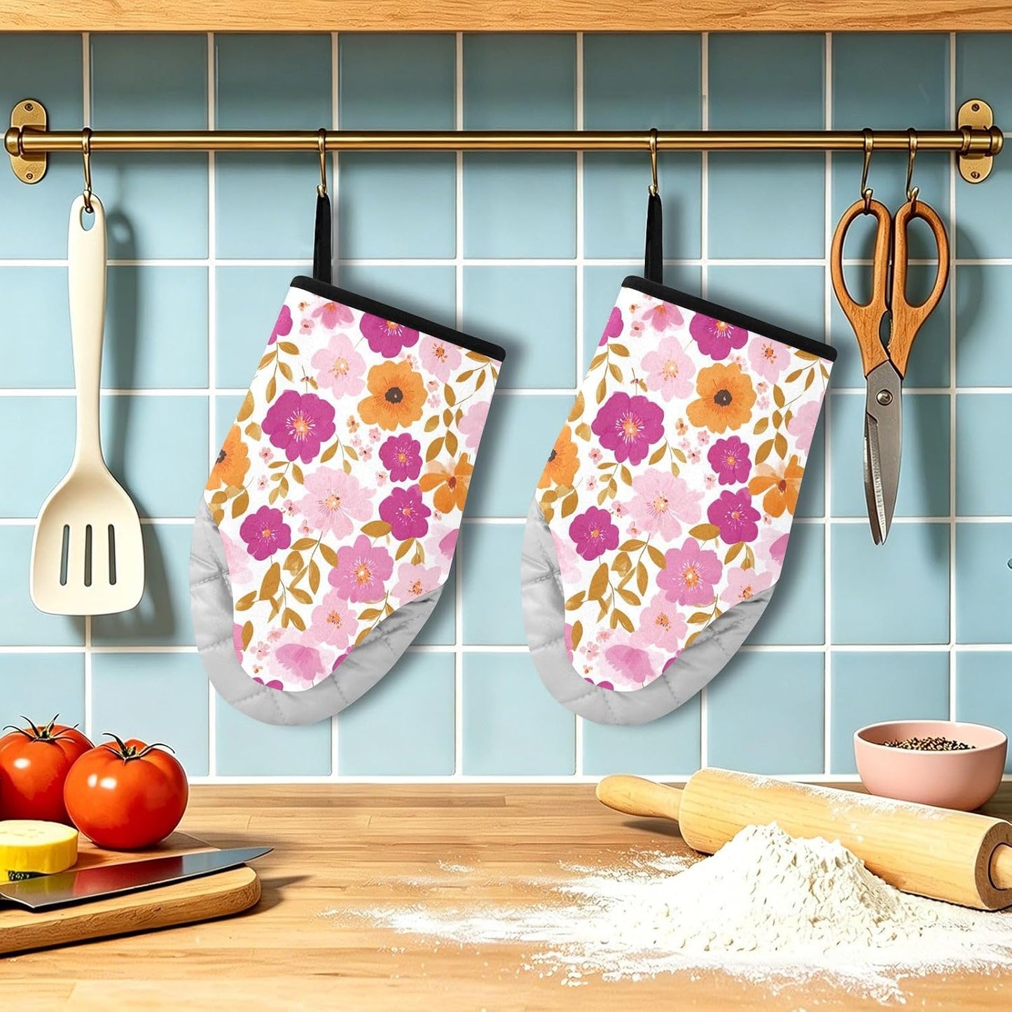 Oven Mitt 2 Pack Set Blossom Pink Flowers Kitchen Mitts Gloves for for Cooking Baking Grilling