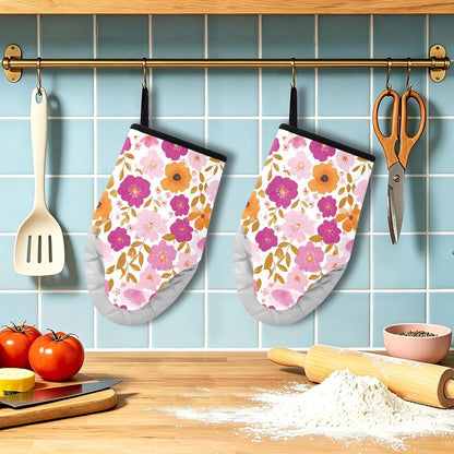 Oven Mitt 2 Pack Set Blossom Pink Flowers Kitchen Mitts Gloves for for Cooking Baking Grilling
