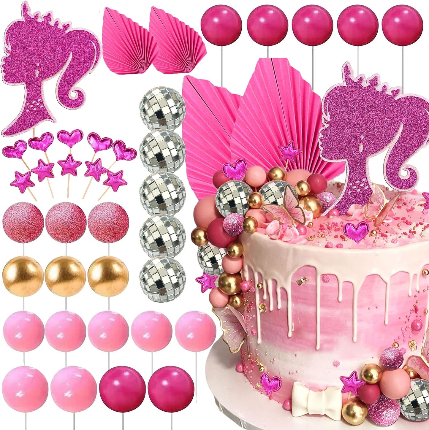 JeVenis Princess Hot Pink Girl Cake Decoration Pink Girls Birthday Decoration Balls Palm Leaves Heels Lipstick Bags Cake Topper for Birthday Bridal Shower Baby Shower