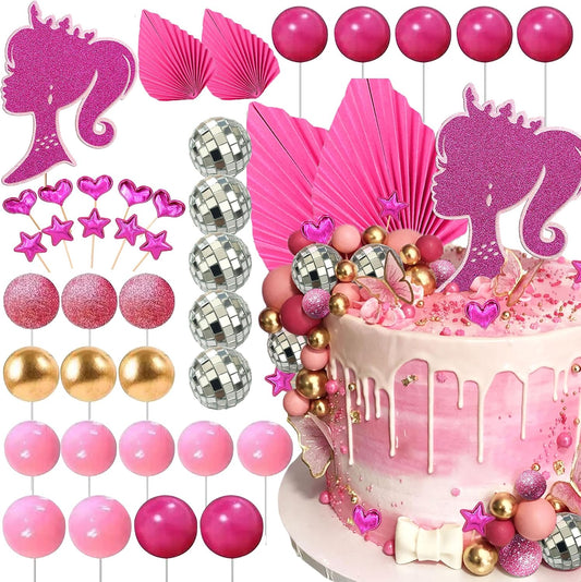 JeVenis Princess Hot Pink Girl Cake Decoration Pink Girls Birthday Decoration Balls Palm Leaves Heels Lipstick Bags Cake Topper for Birthday Bridal Shower Baby Shower