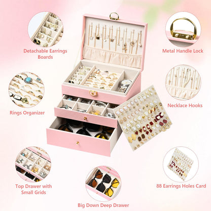 Jewelry Box, 3 Layers Leather Jewelry Storage Display Box for Women, Gift Case, 2 Drawers, Large Capacity for Necklace Earrings Bracelets Rings, Pink