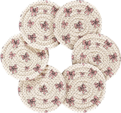 Kigai Pink Bow Coasters for Drinks with Holder 3.9 Inch Absorbent Heat-Resistant Cotton Woven Coaster Coffee Bar Accessories for Home Decor Table Protection, 6Pack
