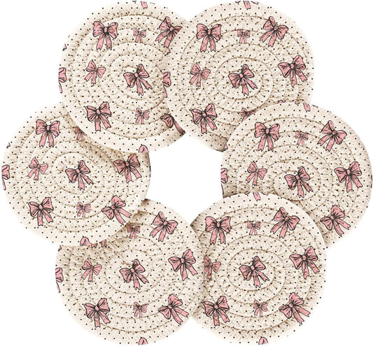 Kigai Pink Bow Coasters for Drinks with Holder 3.9 Inch Absorbent Heat-Resistant Cotton Woven Coaster Coffee Bar Accessories for Home Decor Table Protection, 6Pack