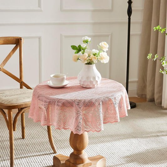 Warm Home Designs Pink 36 Inch Round Lace Tablecloth. AME Blush Round 36 | Round Lace Tablecloth with Large Leaves. Floral Table Cloth, Rustic Overlay or Boho Table Cover for Farmhouse Kitchen.