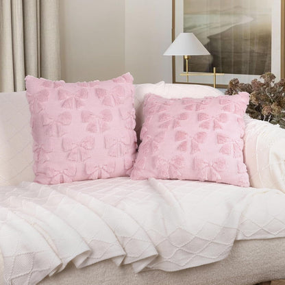 Hongsome Coquette Room Decor-Bow Throw Pillow Covers 18x18in Set of 2,Pink Soft Plush Faux Fur Pillow Case with Bows for Large Couch Sofa Home Indoor Outdoor Holiday Decorations