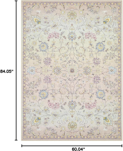 Joydeco Light Pink 5x7 Area Rugs for Bedroom Girls Nursery, Machine Washable Boho Rugs for Living Room Non Slip, Floral Soft Indoor Floor Carpet for Playroom Kids Room Dorm Classroom